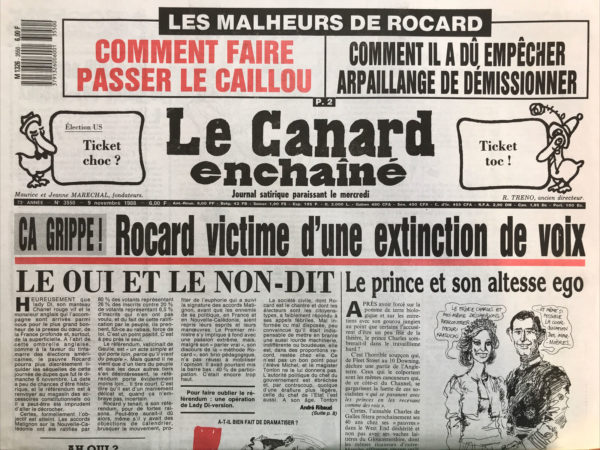 Couac ! | N° 3550 du Canard Enchaîné - 9 Novembre 1988 | Nos Exemplaires du Canard Enchaîné sont archivés dans de bonnes conditions de conservation (obscurité, hygrométrie maitrisée et faible température), ce qui s'avère indispensable pour des journaux anciens. | 3550