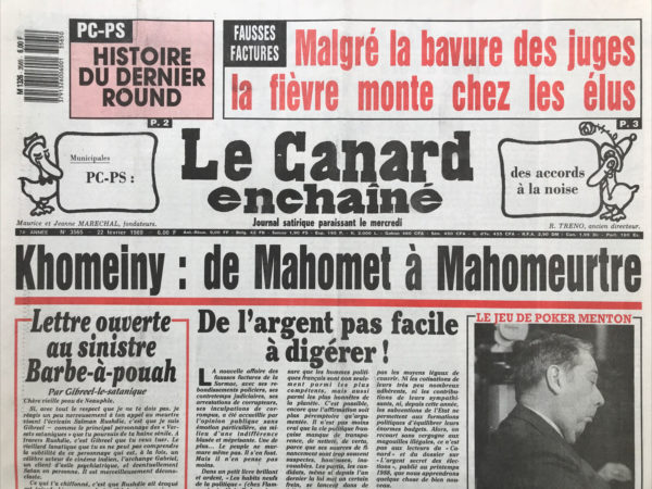 Couac ! | N° 3565 du Canard Enchaîné - 22 Février 1989 | Nos Exemplaires du Canard Enchaîné sont archivés dans de bonnes conditions de conservation (obscurité, hygrométrie maitrisée et faible température), ce qui s'avère indispensable pour des journaux anciens. | 3565