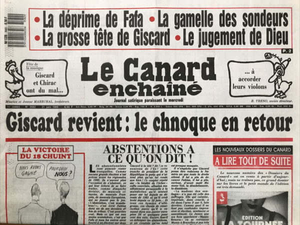 Couac ! | N° 3582 du Canard Enchaîné - 21 Juin 1989 | Nos Exemplaires du Canard Enchaîné sont archivés dans de bonnes conditions de conservation (obscurité, hygrométrie maitrisée et faible température), ce qui s'avère indispensable pour des journaux anciens. | 3582