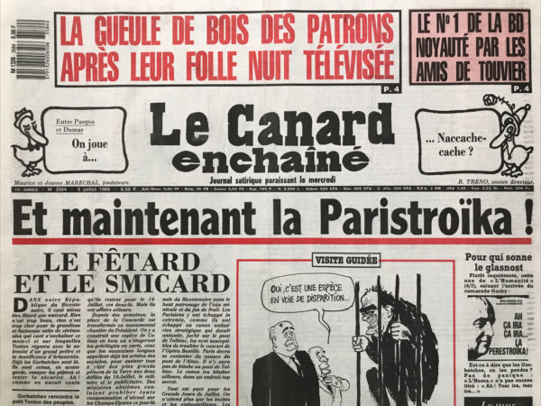 Couac ! | N° 3584 du Canard Enchaîné - 5 Juillet 1989 | Nos Exemplaires du Canard Enchaîné sont archivés dans de bonnes conditions de conservation (obscurité, hygrométrie maitrisée et faible température), ce qui s'avère indispensable pour des journaux anciens. | 3584