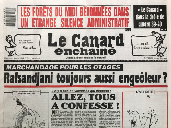 Couac ! | N° 3589 du Canard Enchaîné - 9 Août 1989 | Nos Exemplaires du Canard Enchaîné sont archivés dans de bonnes conditions de conservation (obscurité, hygrométrie maitrisée et faible température), ce qui s'avère indispensable pour des journaux anciens. | 3589