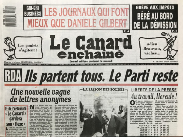 Couac ! | N° 3594 du Canard Enchaîné - 13 Septembre 1989 | Nos Exemplaires du Canard Enchaîné sont archivés dans de bonnes conditions de conservation (obscurité, hygrométrie maitrisée et faible température), ce qui s'avère indispensable pour des journaux anciens. | 3594