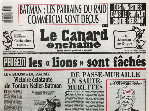 Couac ! | N° 3595 du Canard Enchaîné - 20 Septembre 1989 | Nos Exemplaires du Canard Enchaîné sont archivés dans de bonnes conditions de conservation (obscurité, hygrométrie maitrisée et faible température), ce qui s'avère indispensable pour des journaux anciens. | 3595