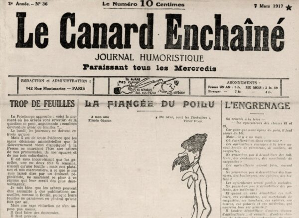 Couac ! | N° 36 du Canard Enchaîné - 7 Mars 1917 | la fiancée du poilu, article censuré En 1916, la censure, représentée sous les traits d'Anastasie, vieille fille acariâtre et castratrice aux longs ciseaux, est impitoyable et caviarde à tout va pour tous les motifs possibles : échos injurieux ou insultants, propos désobligeants ou tendancieux, mots trop pessimistes, phrases antipatriotiques ou caricatures pacifistes. Le jeune hebdomadaire paraît alors avec des blancs. Pour contourner la censure, il faut jouer de son incohérence et user de subterfuges. Ainsi, dans le numéro 23 du 6 décembre 1916, l'article "Un nouveau jour", où Georges de la Fouchardière imaginait l'instauration d'un jour sans guerre comme il y avait des jours sans viande, à cause des restrictions, est largement censuré. Mais, trois jours plus tard, l'article est intégralement publié dans L'Oeuvre, de Gustave Téry, stipulant que ce texte avait été censuré par la censure... allemande ! Trompé, le censeur de L'Oeuvre laissa passer l'article. Du coup, puisqu'il avait été accepté dans un autre journal, l'article parut dans le Canard de la semaine suivante, sous le titre, goguenard "D'un tour de canard que nous avons joué à un censeur bête comme une oie". Ce procédé fut réutilisé en 1917 : "La fiancée du poilu", article en vers de G. de la Fouchardière paru dans ce numéro 36 du 7 mars, fut entièrement supprimé, mais le journal L'Heure ayant réussi à le publier, le Canard put l'insérer dans ses colonnes la semaine suivante, accompagné d'un nouveau commentaire ironique... SP | 36 4