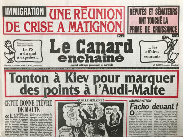 Couac ! | N° 3606 du Canard Enchaîné - 6 Décembre 1989 | Nos Exemplaires du Canard Enchaîné sont archivés dans de bonnes conditions de conservation (obscurité, hygrométrie maitrisée et faible température), ce qui s'avère indispensable pour des journaux anciens. | 3606