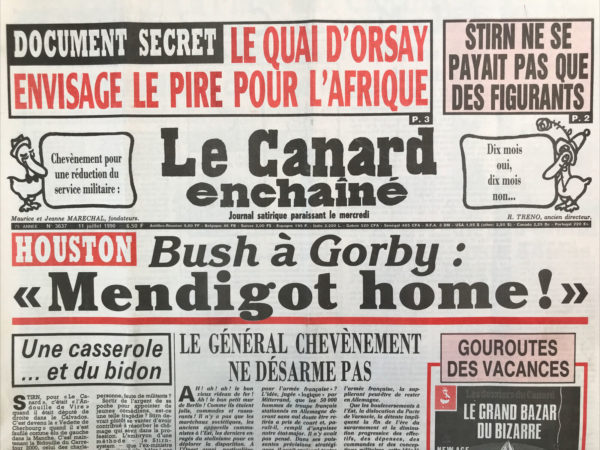 Couac ! | N° 3637 du Canard Enchaîné - 11 Juillet 1990 | Nos Exemplaires du Canard Enchaîné sont archivés dans de bonnes conditions de conservation (obscurité, hygrométrie maitrisée et faible température), ce qui s'avère indispensable pour des journaux anciens. | 3637