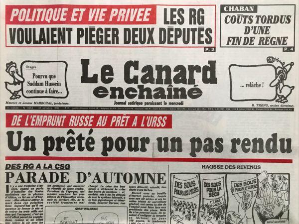 Couac ! | N° 3653 du Canard Enchaîné - 31 Octobre 1990 | Nos Exemplaires du Canard Enchaîné sont archivés dans de bonnes conditions de conservation (obscurité, hygrométrie maitrisée et faible température), ce qui s'avère indispensable pour des journaux anciens. | 3653