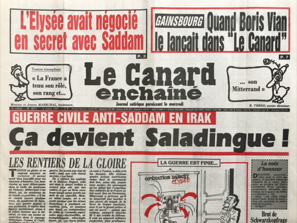 Couac ! | N° 3671 du Canard Enchaîné - 6 Mars 1991 | Nos Exemplaires du Canard Enchaîné sont archivés dans de bonnes conditions de conservation (obscurité, hygrométrie maitrisée et faible température), ce qui s'avère indispensable pour des journaux anciens. | 3671