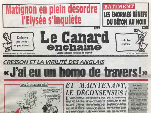 Couac ! | N° 3686 du Canard Enchaîné - 19 Juin 1991 | Nos Exemplaires du Canard Enchaîné sont archivés dans de bonnes conditions de conservation (obscurité, hygrométrie maitrisée et faible température), ce qui s'avère indispensable pour des journaux anciens. | 3686