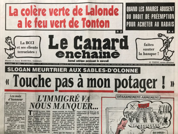 Couac ! | N° 3692 du Canard Enchaîné - 31 Juillet 1991 | Nos Exemplaires du Canard Enchaîné sont archivés dans de bonnes conditions de conservation (obscurité, hygrométrie maitrisée et faible température), ce qui s'avère indispensable pour des journaux anciens. | 3692