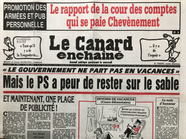 Couac ! | N° 3693 du Canard Enchaîné - 7 Août 1991 | Nos Exemplaires du Canard Enchaîné sont archivés dans de bonnes conditions de conservation (obscurité, hygrométrie maitrisée et faible température), ce qui s'avère indispensable pour des journaux anciens. | 3693