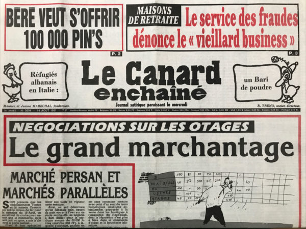 Couac ! | N° 3694 du Canard Enchaîné - 14 Août 1991 | Nos Exemplaires du Canard Enchaîné sont archivés dans de bonnes conditions de conservation (obscurité, hygrométrie maitrisée et faible température), ce qui s'avère indispensable pour des journaux anciens. | 3694