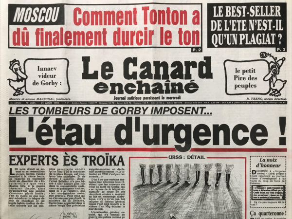 Couac ! | N° 3695 du Canard Enchaîné - 21 Août 1991 | Nos Exemplaires du Canard Enchaîné sont archivés dans de bonnes conditions de conservation (obscurité, hygrométrie maitrisée et faible température), ce qui s'avère indispensable pour des journaux anciens. | 3695