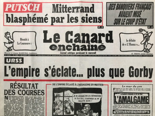 Couac ! | N° 3696 du Canard Enchaîné - 28 Août 1991 | Nos Exemplaires du Canard Enchaîné sont archivés dans de bonnes conditions de conservation (obscurité, hygrométrie maitrisée et faible température), ce qui s'avère indispensable pour des journaux anciens. | 3696