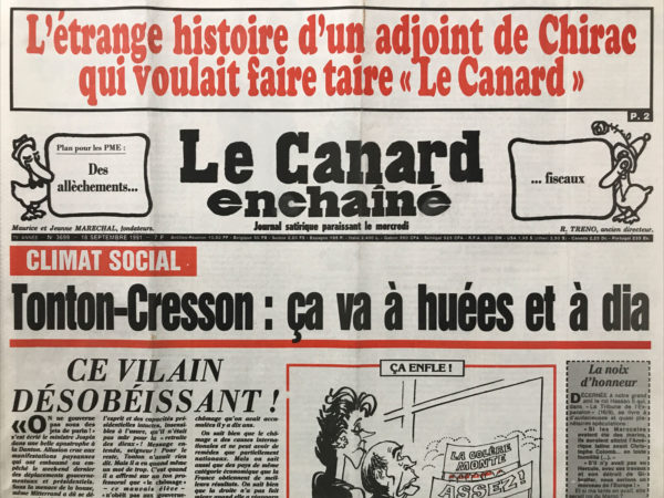 Couac ! | N° 3699 du Canard Enchaîné - 18 Septembre 1991 | Nos Exemplaires du Canard Enchaîné sont archivés dans de bonnes conditions de conservation (obscurité, hygrométrie maitrisée et faible température), ce qui s'avère indispensable pour des journaux anciens. | 3699