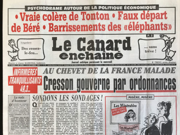 Couac ! | N° 3702 du Canard Enchaîné - 9 Octobre 1991 | Nos Exemplaires du Canard Enchaîné sont archivés dans de bonnes conditions de conservation (obscurité, hygrométrie maitrisée et faible température), ce qui s'avère indispensable pour des journaux anciens. | 3702