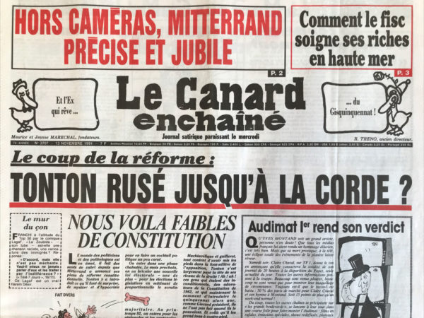 Couac ! | N° 3707 du Canard Enchaîné - 13 Novembre 1991 | Nos Exemplaires du Canard Enchaîné sont archivés dans de bonnes conditions de conservation (obscurité, hygrométrie maitrisée et faible température), ce qui s'avère indispensable pour des journaux anciens. | 3707