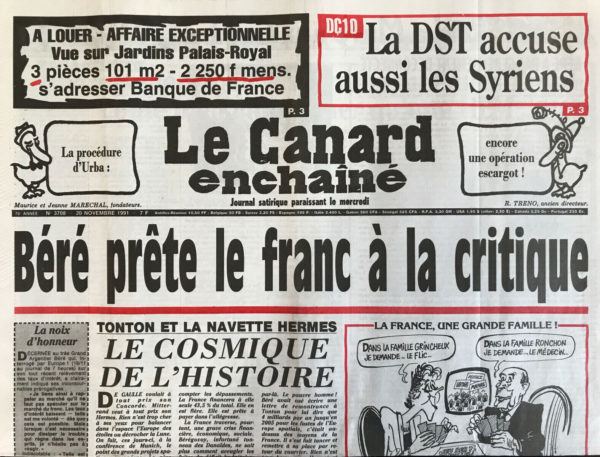 Couac ! | N° 3708 du Canard Enchaîné - 20 Novembre 1991 | Nos Exemplaires du Canard Enchaîné sont archivés dans de bonnes conditions de conservation (obscurité, hygrométrie maitrisée et faible température), ce qui s'avère indispensable pour des journaux anciens. | 3708