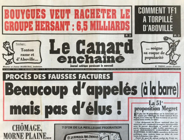 Couac ! | N° 3709 du Canard Enchaîné - 27 Novembre 1991 | Nos Exemplaires du Canard Enchaîné sont archivés dans de bonnes conditions de conservation (obscurité, hygrométrie maitrisée et faible température), ce qui s'avère indispensable pour des journaux anciens. | 3709