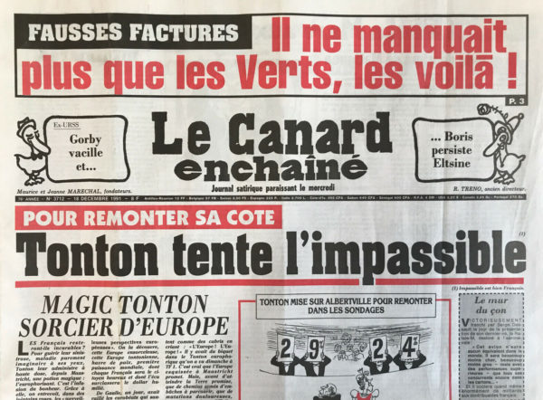 Couac ! | N° 3712 du Canard Enchaîné - 18 Décembre 1991 | Nos Exemplaires du Canard Enchaîné sont archivés dans de bonnes conditions de conservation (obscurité, hygrométrie maitrisée et faible température), ce qui s'avère indispensable pour des journaux anciens. | 3712