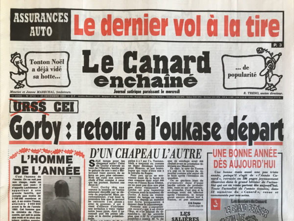 Couac ! | N° 3713 du Canard Enchaîné - 25 Décembre 1991 | Nos Exemplaires du Canard Enchaîné sont archivés dans de bonnes conditions de conservation (obscurité, hygrométrie maitrisée et faible température), ce qui s'avère indispensable pour des journaux anciens. | 3713