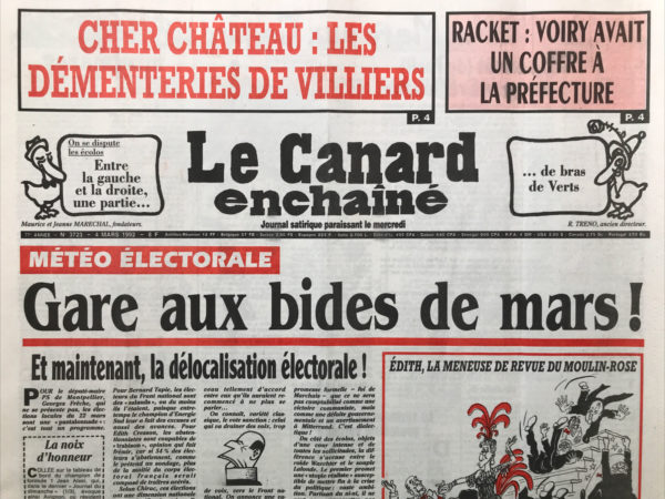 Couac ! | N° 3723 du Canard Enchaîné - 4 Mars 1992 | Nos Exemplaires du Canard Enchaîné sont archivés dans de bonnes conditions de conservation (obscurité, hygrométrie maitrisée et faible température), ce qui s'avère indispensable pour des journaux anciens. | 3723