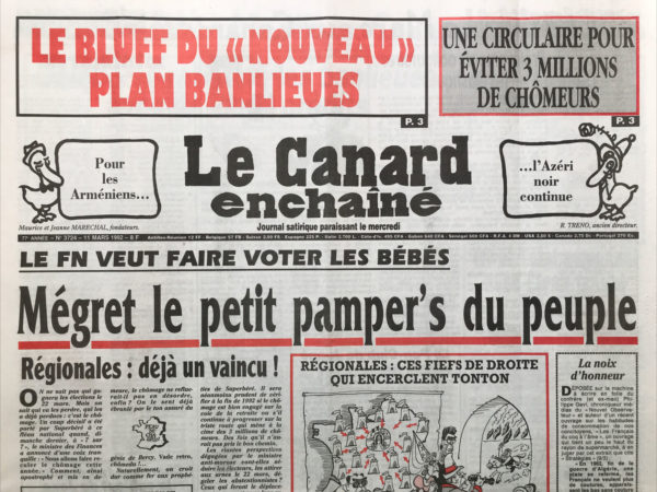 Couac ! | N° 3724 du Canard Enchaîné - 11 Mars 1992 | Nos Exemplaires du Canard Enchaîné sont archivés dans de bonnes conditions de conservation (obscurité, hygrométrie maitrisée et faible température), ce qui s'avère indispensable pour des journaux anciens. | 3724