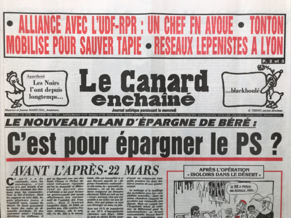 Couac ! | N° 3725 du Canard Enchaîné - 18 Mars 1992 | Nos Exemplaires du Canard Enchaîné sont archivés dans de bonnes conditions de conservation (obscurité, hygrométrie maitrisée et faible température), ce qui s'avère indispensable pour des journaux anciens. | 3725