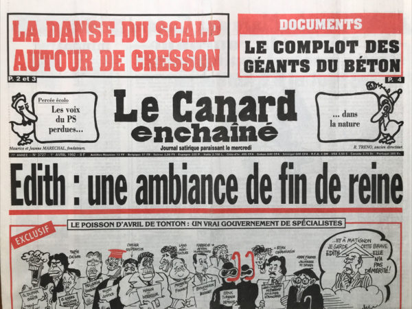 Couac ! | N° 3727 du Canard Enchaîné - 1 Avril 1992 | Nos Exemplaires du Canard Enchaîné sont archivés dans de bonnes conditions de conservation (obscurité, hygrométrie maitrisée et faible température), ce qui s'avère indispensable pour des journaux anciens. | 3727