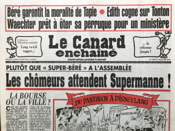 Couac ! | N° 3728 du Canard Enchaîné - 8 Avril 1992 | Nos Exemplaires du Canard Enchaîné sont archivés dans de bonnes conditions de conservation (obscurité, hygrométrie maitrisée et faible température), ce qui s'avère indispensable pour des journaux anciens. | 3728