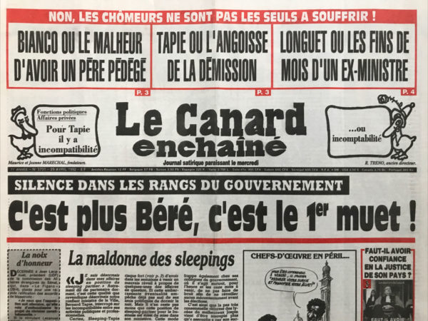 Couac ! | N° 3731 du Canard Enchaîné - 29 Avril 1992 | Nos Exemplaires du Canard Enchaîné sont archivés dans de bonnes conditions de conservation (obscurité, hygrométrie maitrisée et faible température), ce qui s'avère indispensable pour des journaux anciens. | 3731