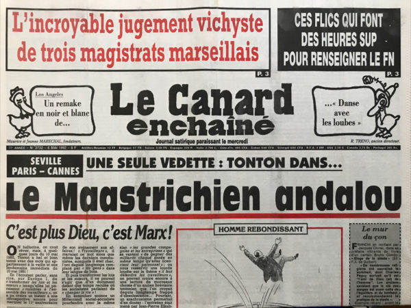 Couac ! | N° 3732 du Canard Enchaîné - 6 Mai 1992 | Nos Exemplaires du Canard Enchaîné sont archivés dans de bonnes conditions de conservation (obscurité, hygrométrie maitrisée et faible température), ce qui s'avère indispensable pour des journaux anciens. | 3732