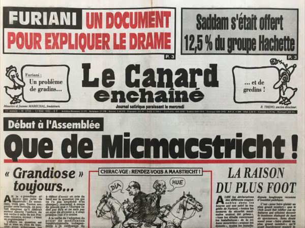 Couac ! | N° 3733 du Canard Enchaîné - 13 Mai 1992 | Nos Exemplaires du Canard Enchaîné sont archivés dans de bonnes conditions de conservation (obscurité, hygrométrie maitrisée et faible température), ce qui s'avère indispensable pour des journaux anciens. | 3733