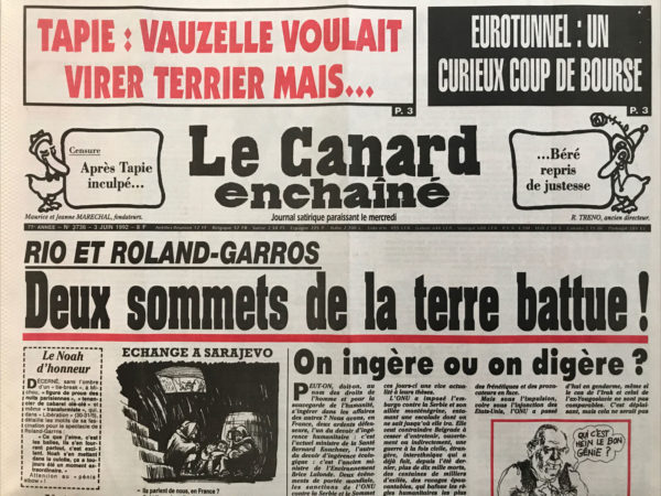 Couac ! | N° 3736 du Canard Enchaîné - 3 Juin 1992 | Nos Exemplaires du Canard Enchaîné sont archivés dans de bonnes conditions de conservation (obscurité, hygrométrie maitrisée et faible température), ce qui s'avère indispensable pour des journaux anciens. | 3736