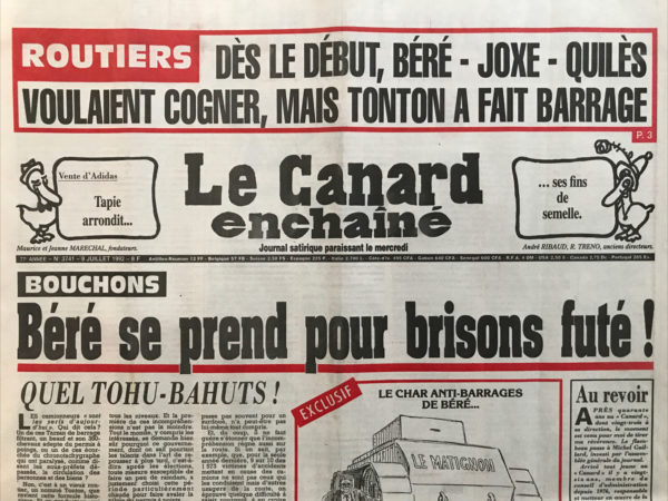 Couac ! | N° 3741 du Canard Enchaîné - 8 Juillet 1992 | Nos Exemplaires du Canard Enchaîné sont archivés dans de bonnes conditions de conservation (obscurité, hygrométrie maitrisée et faible température), ce qui s'avère indispensable pour des journaux anciens. | 3741