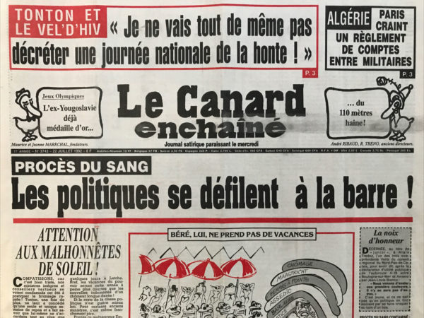 Couac ! | N° 3743 du Canard Enchaîné - 22 Juillet 1992 | Nos Exemplaires du Canard Enchaîné sont archivés dans de bonnes conditions de conservation (obscurité, hygrométrie maitrisée et faible température), ce qui s'avère indispensable pour des journaux anciens. | 3743