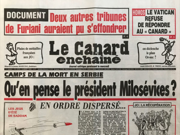 Couac ! | N° 3745 du Canard Enchaîné - 5 Août 1992 | Nos Exemplaires du Canard Enchaîné sont archivés dans de bonnes conditions de conservation (obscurité, hygrométrie maitrisée et faible température), ce qui s'avère indispensable pour des journaux anciens. | 3745