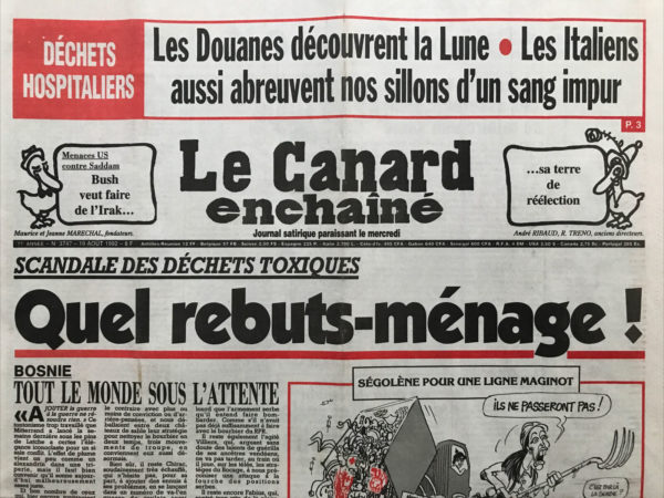 Couac ! | N° 3747 du Canard Enchaîné - 19 Août 1992 | Nos Exemplaires du Canard Enchaîné sont archivés dans de bonnes conditions de conservation (obscurité, hygrométrie maitrisée et faible température), ce qui s'avère indispensable pour des journaux anciens. | 3747