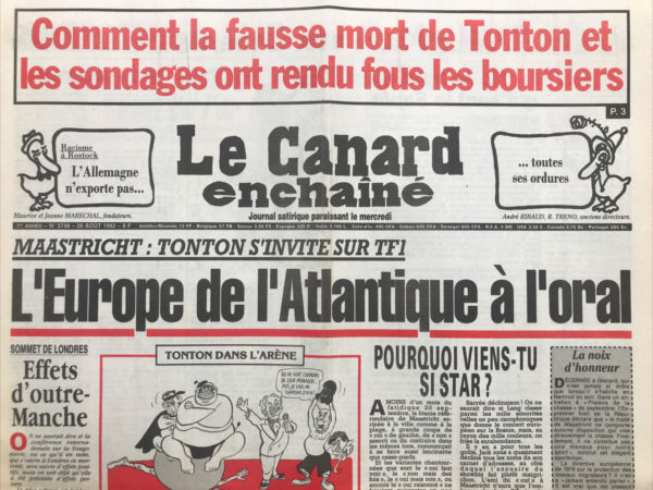 Couac ! | N° 3748 du Canard Enchaîné - 26 Août 1992 | Nos Exemplaires du Canard Enchaîné sont archivés dans de bonnes conditions de conservation (obscurité, hygrométrie maitrisée et faible température), ce qui s'avère indispensable pour des journaux anciens. | 3748