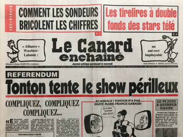 Couac ! | N° 3749 du Canard Enchaîné - 2 Septembre 1992 | Nos Exemplaires du Canard Enchaîné sont archivés dans de bonnes conditions de conservation (obscurité, hygrométrie maitrisée et faible température), ce qui s'avère indispensable pour des journaux anciens. | 3749