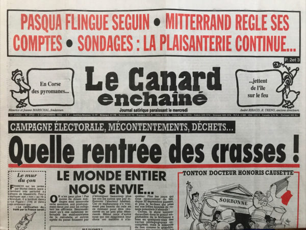 Couac ! | N° 3750 du Canard Enchaîné - 9 Septembre 1992 | Nos Exemplaires du Canard Enchaîné sont archivés dans de bonnes conditions de conservation (obscurité, hygrométrie maitrisée et faible température), ce qui s'avère indispensable pour des journaux anciens. | 3750