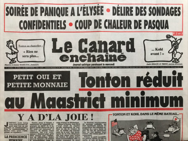 Couac ! | N° 3752 du Canard Enchaîné - 23 Septembre 1992 | Nos Exemplaires du Canard Enchaîné sont archivés dans de bonnes conditions de conservation (obscurité, hygrométrie maitrisée et faible température), ce qui s'avère indispensable pour des journaux anciens. | 3752