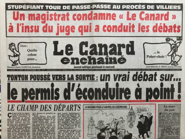 Couac ! | N° 3753 du Canard Enchaîné - 30 Septembre 1992 | Nos Exemplaires du Canard Enchaîné sont archivés dans de bonnes conditions de conservation (obscurité, hygrométrie maitrisée et faible température), ce qui s'avère indispensable pour des journaux anciens. | 3753