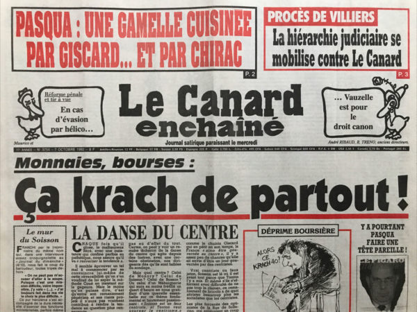 Couac ! | N° 3754 du Canard Enchaîné - 7 Octobre 1992 | Nos Exemplaires du Canard Enchaîné sont archivés dans de bonnes conditions de conservation (obscurité, hygrométrie maitrisée et faible température), ce qui s'avère indispensable pour des journaux anciens. | 3754