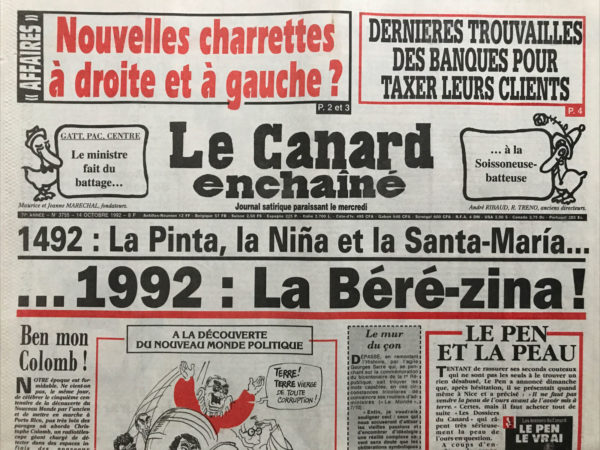 Couac ! | N° 3755 du Canard Enchaîné - 14 Octobre 1992 | Nos Exemplaires du Canard Enchaîné sont archivés dans de bonnes conditions de conservation (obscurité, hygrométrie maitrisée et faible température), ce qui s'avère indispensable pour des journaux anciens. | 3755