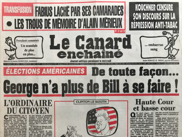 Couac ! | N° 3758 du Canard Enchaîné - 4 Novembre 1992 | Nos Exemplaires du Canard Enchaîné sont archivés dans de bonnes conditions de conservation (obscurité, hygrométrie maitrisée et faible température), ce qui s'avère indispensable pour des journaux anciens. | 3758