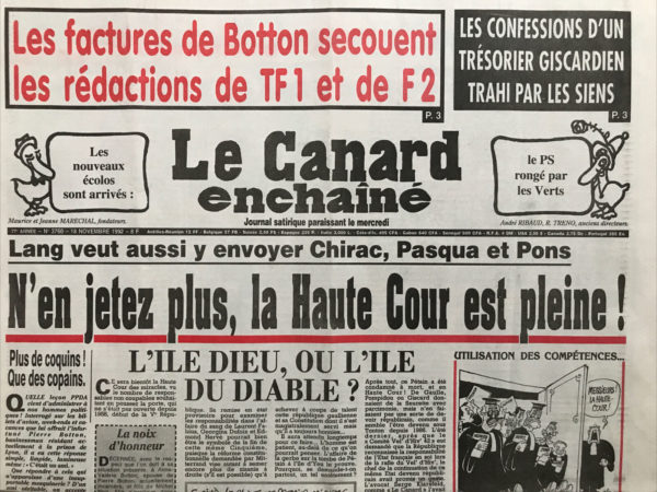 Couac ! | N° 3760 du Canard Enchaîné - 18 Novembre 1992 | Nos Exemplaires du Canard Enchaîné sont archivés dans de bonnes conditions de conservation (obscurité, hygrométrie maitrisée et faible température), ce qui s'avère indispensable pour des journaux anciens. | 3760