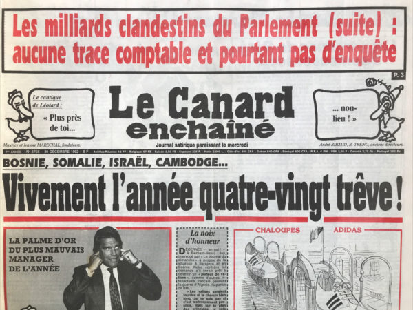 Couac ! | N° 3766 du Canard Enchaîné - 30 Décembre 1992 | Nos Exemplaires du Canard Enchaîné sont archivés dans de bonnes conditions de conservation (obscurité, hygrométrie maitrisée et faible température), ce qui s'avère indispensable pour des journaux anciens. | 3766