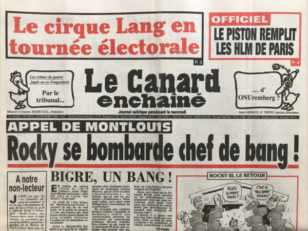 Couac ! | N° 3774 du Canard Enchaîné - 24 Février 1993 | Nos Exemplaires du Canard Enchaîné sont archivés dans de bonnes conditions de conservation (obscurité, hygrométrie maitrisée et faible température), ce qui s'avère indispensable pour des journaux anciens. | 3774