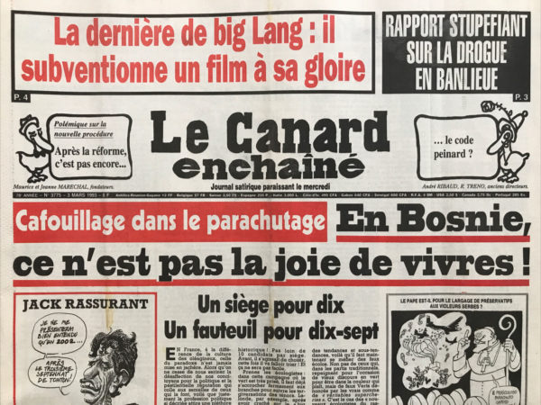 Couac ! | N° 3775 du Canard Enchaîné - 3 Mars 1993 | Nos Exemplaires du Canard Enchaîné sont archivés dans de bonnes conditions de conservation (obscurité, hygrométrie maitrisée et faible température), ce qui s'avère indispensable pour des journaux anciens. | 3775